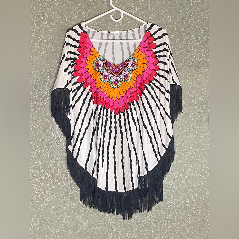 Trina Turk Boho Fringe Feather Tunic - Picture 2 of 6